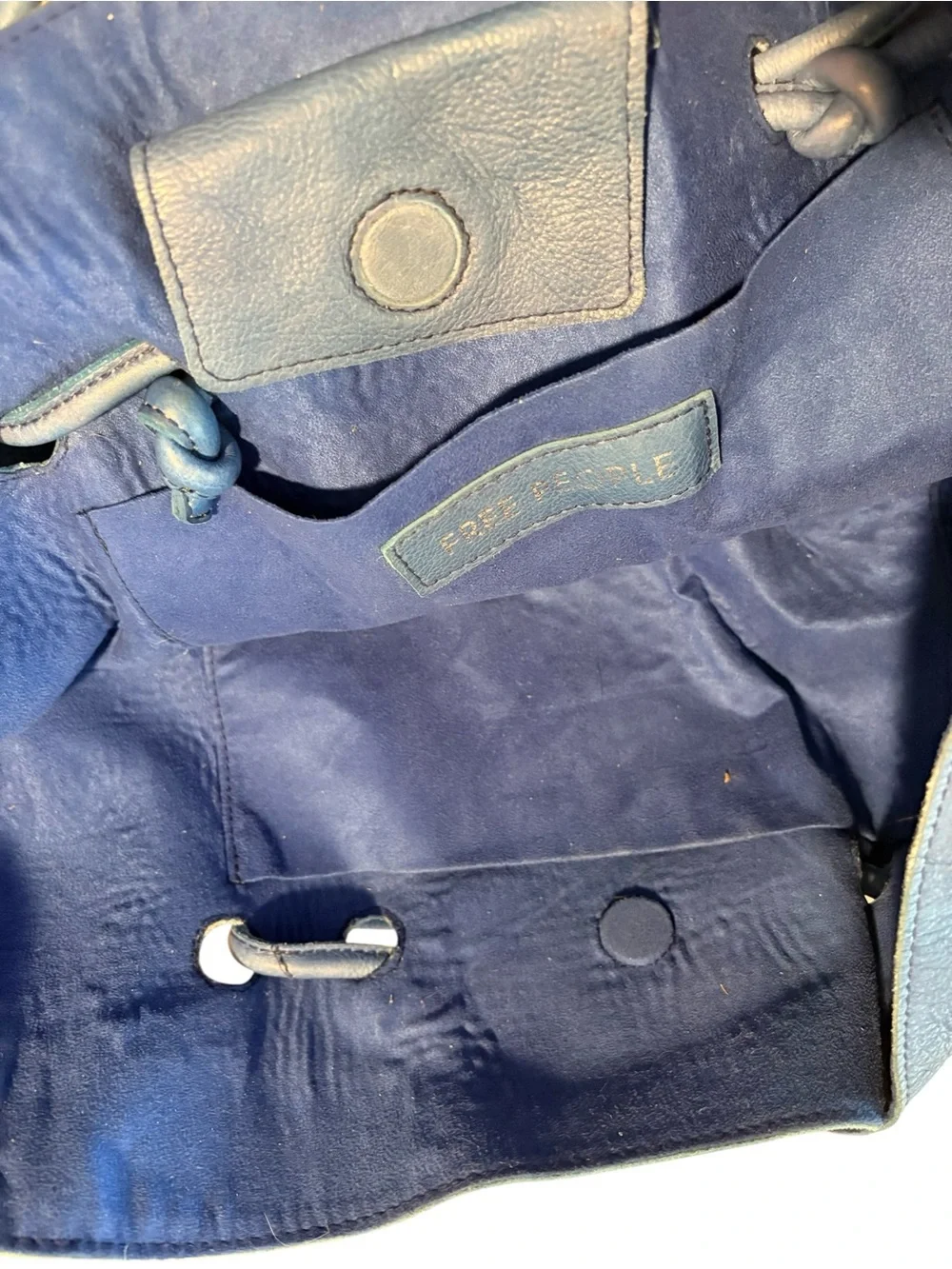 Free People Blue Leather Drawstring Bucket Tote Bag